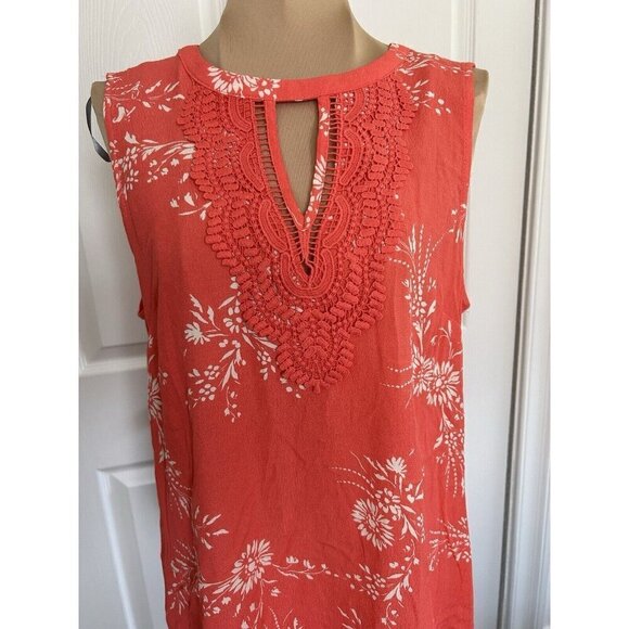 Daniel Rainn Women’s Orange Floral Crochet Trim Sleeveless Blouse Top Size M - Picture 2 of 8